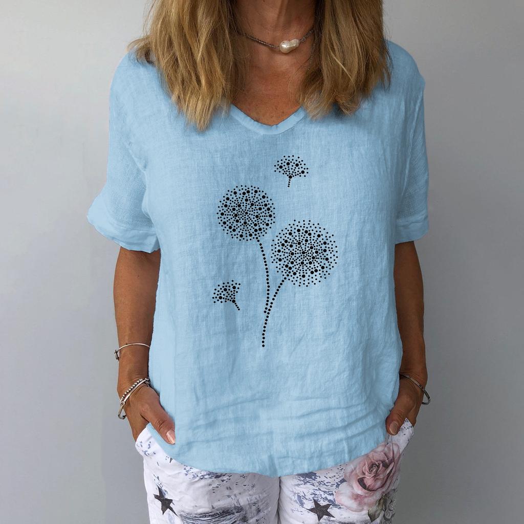 Short Sleeved Cotton and Linen Loose Casual Dandelion Printed Top