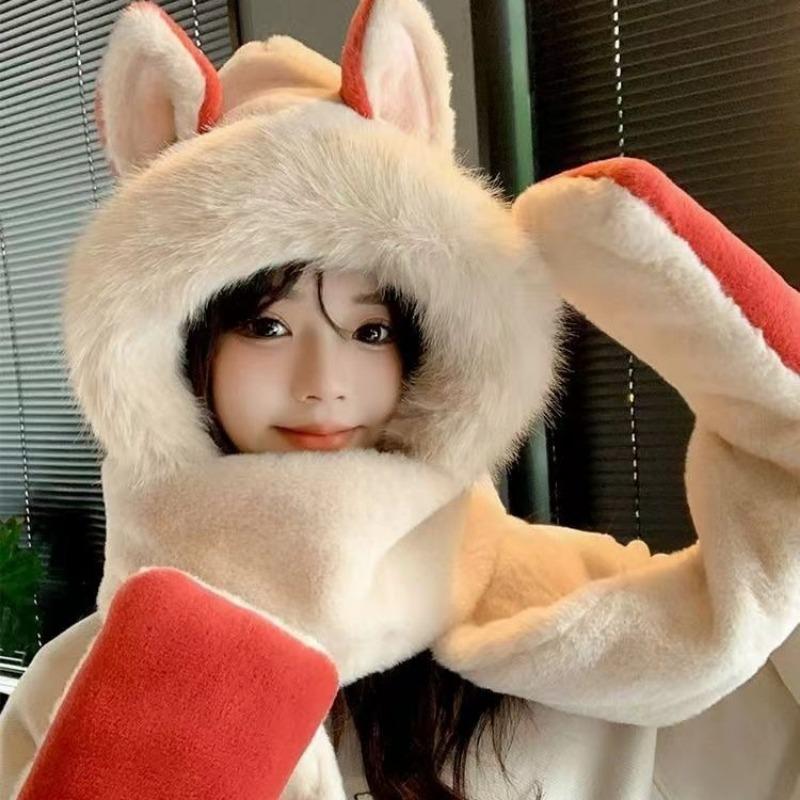 Winter New Fire Fox Plush Hat Scarf Women's Gloves Integrated Three-piece Set Student Warm Thickened Hat