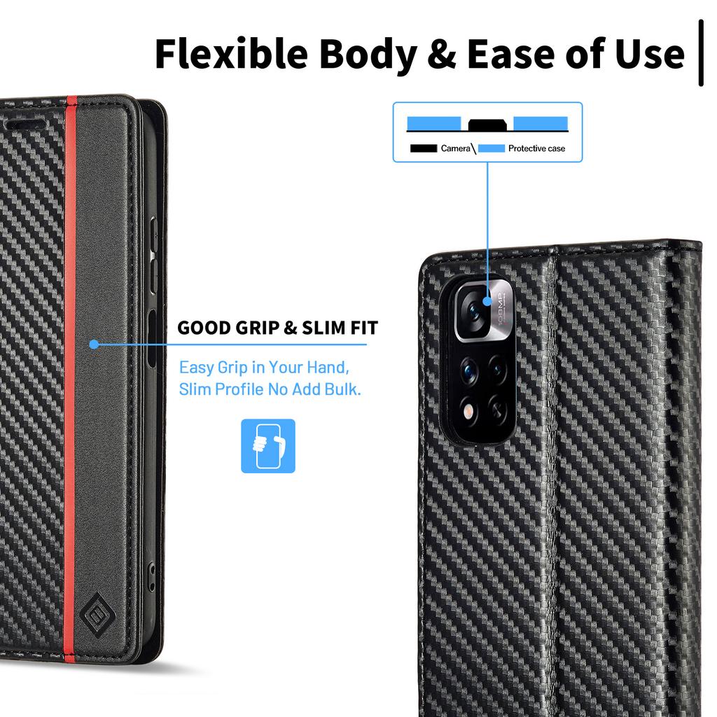 LC.IMEEKE For Xiaomi Redmi Note 12 Pro 4G/Note 11 Pro 4G (Mediatek)/5G (Qualcomm) Carbon Fiber Texture Stand Cover PU Leather Wallet Phone Case