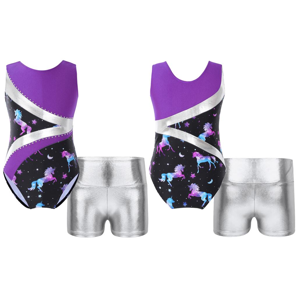 Детские гимнастические купальники без рукавов с круглым вырезом для девочек и шорты, наряды для спортивных танцев, велосипедки