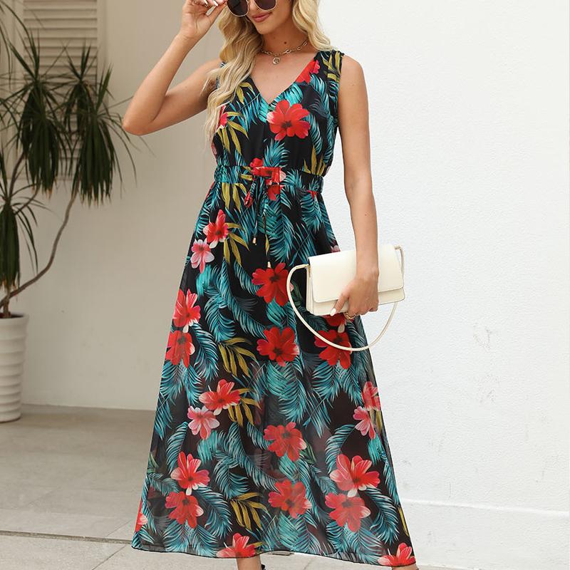 Летнее новое стильное элегантное, щедрое и красивое универсальное женское платье без рукавов с принтом и бретельками-халтер