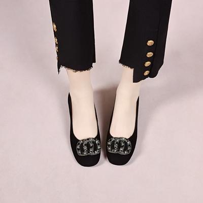 Женские туфли-лодочки на низком каблуке, весенние новые, простые, темпераментные, черные, с одним ремешком, со стразами