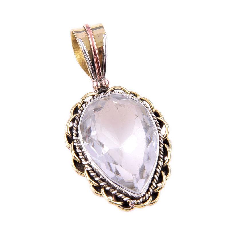 Natural Crystal Quartz Gemstone 925 Solid Silver Two Tone Pendant 1.50'' A1a96