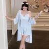 Sexy suspender shorts three-piece loungewear spring new sweet and cute pajama set long-sleeved nightgown pure desire