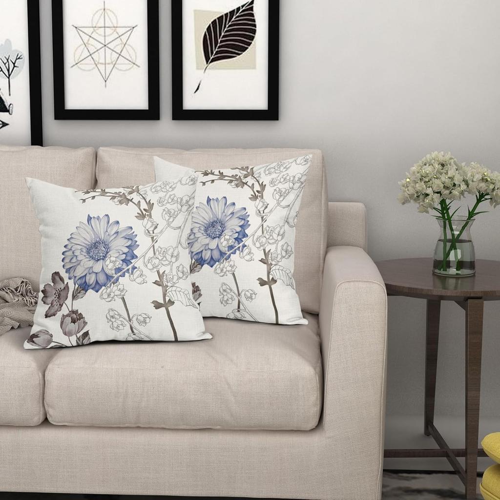 Double-sided printed retro flower cotton and linen pillowcase 2 18 x 18 inches suitable for sofa bed outdoor White