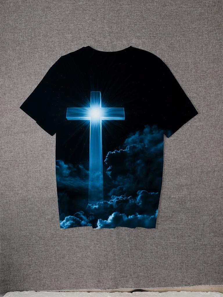 Vintage Men's 3D Printed Cross T-Shirt, Summer Short-Sleeve Top, Casual Streetwear, Oversized T-Shirt, Men's Blue Clothing, A Perfect Gift