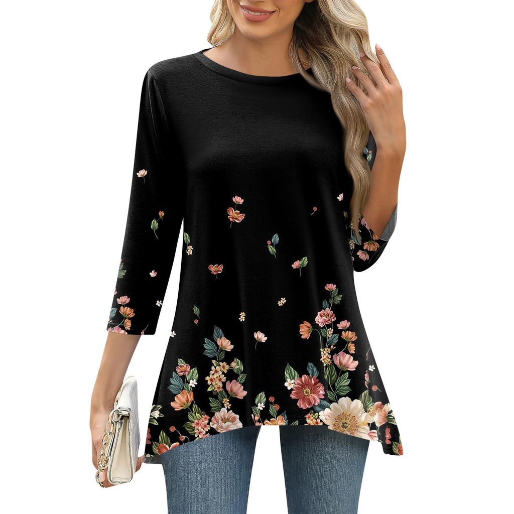 3/4 Sleeve Tunic Tops For Women Printed Daily Weekend Loose Fit Fashion Basic Round Neck T Shirt
