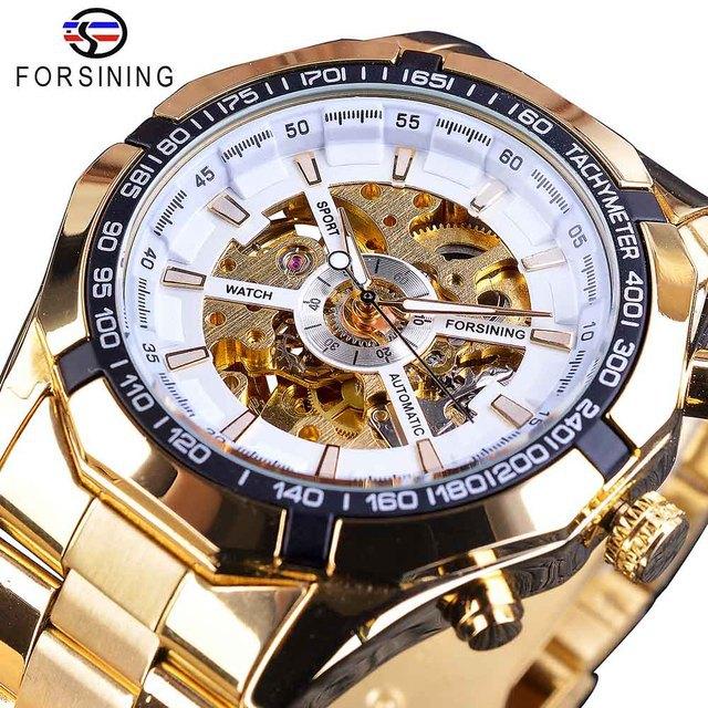 Forsining Top Watch Silver Stainless Steel Men's Mechanical Watch Waterproof Luminous Sports Skeleton Manual Watch 30M
