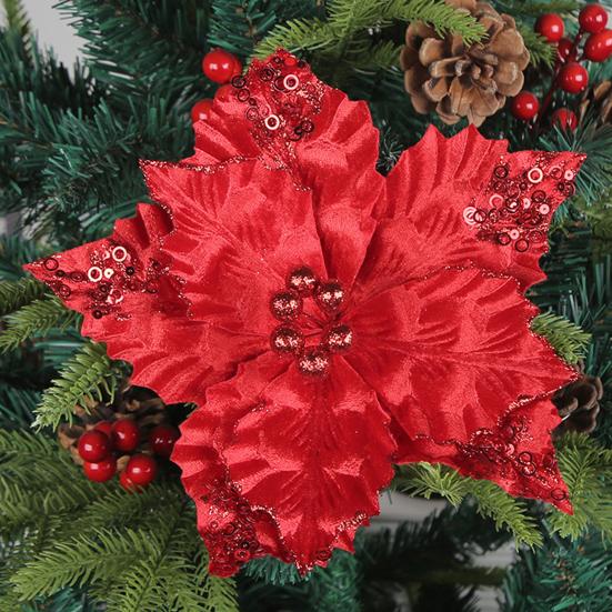 Рождественский блестящий искусственный золотой праздничный цветок со стеблем, красно-белый декор, многоразовая проводная рождественская елка