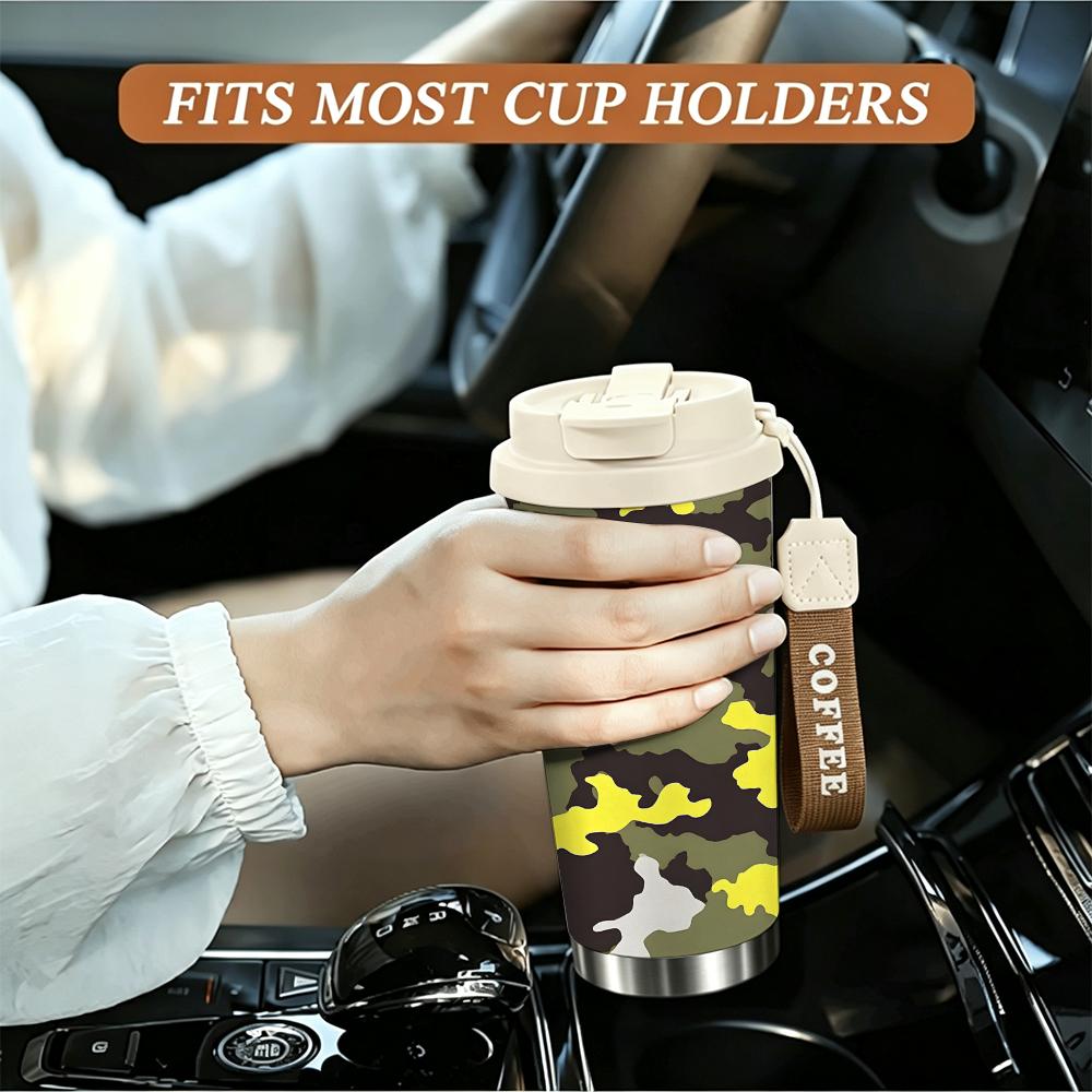 Camouflage Print Stainless Steel Insulated Coffee Tumbler Walled Vacuum Thermal Cup, Portable Reusable Drinkware for Outdoor Hiking Travel