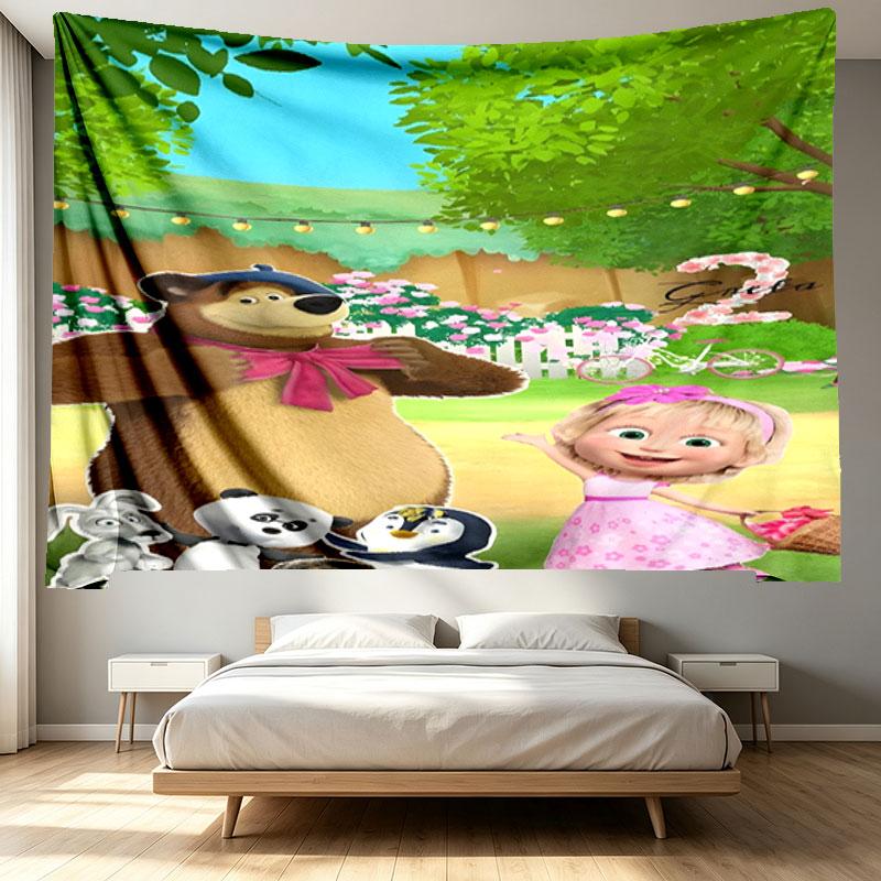 Masha and The Bear Print Tapestry - Portable Wall Decor Cloth, for Home, Dorm, Travel, Bedroom, Living Room - Ideal Birthday Housewarming Gift
