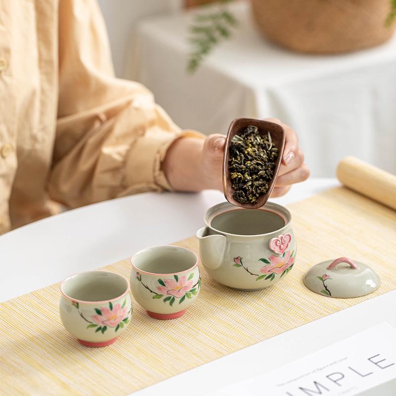 Hand-Painted Ceramic Travel Tea Set: 1 Pot & 2 Cups with Hand-Grip for Outdoor Tea Drinking