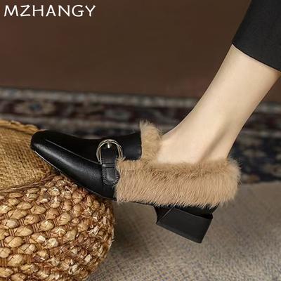 Женские меховые туфли с квадратным носком, хлопковые туфли, кожаные туфли на среднем каблуке, лоферы, женская обувь, тренд 2025, зимние теплые уютные нарядные сапоги для снега, zapatillas