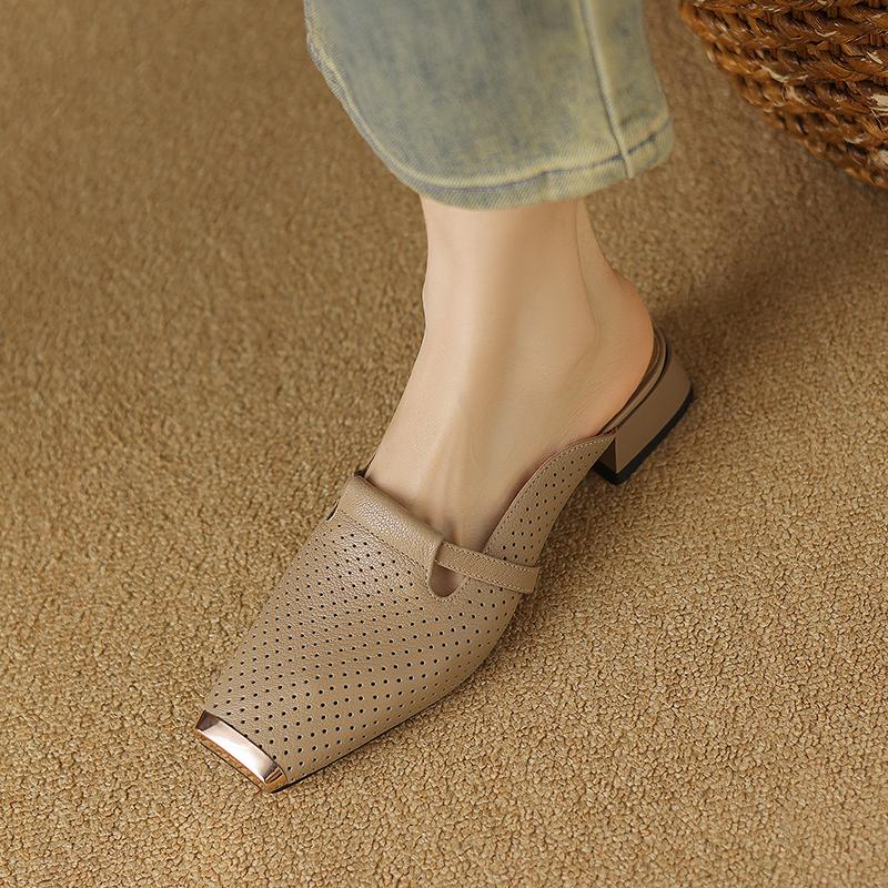 Новые женские сандалии из натуральной кожи с квадратным носком, удобные повседневные тапочки для лета, низкие каблуки, тапочки Muller, летняя обувь для женщин