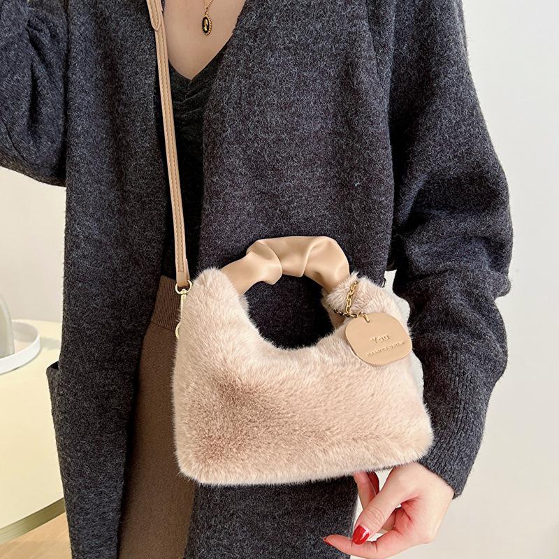 Yogodlns Women Faux Fur Plush Handbags Ruched Handle Small Lady Shoulder Crossbody Bag Casual Half-Moon Hobos Winter Bags for Women