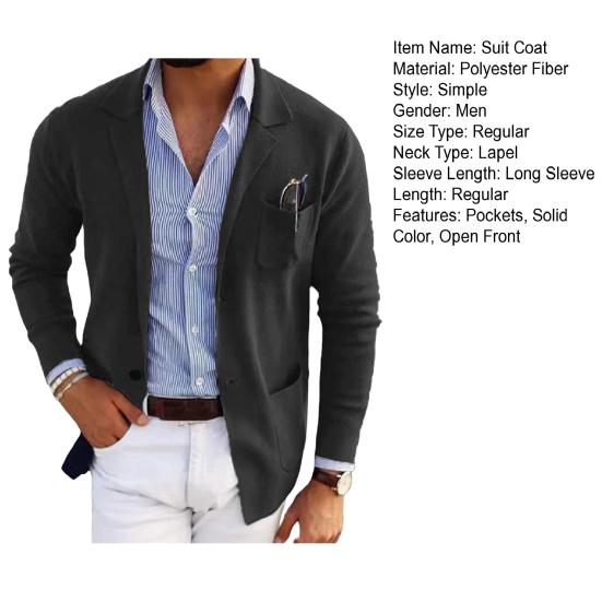 Мужской пиджак однотонный с лацканами и длинным рукавом однобортный пиджак с карманами открытый спереди деловой рабочий костюм