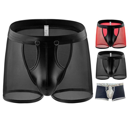 Сексуальные мужские трусы на пуговицах, легко открывающиеся полые трусы с низкой талией, прозрачная сетка из искусственной кожи в стиле пэчворк, тонкие мягкие дышащие трусы-боксеры, мужское нижнее белье