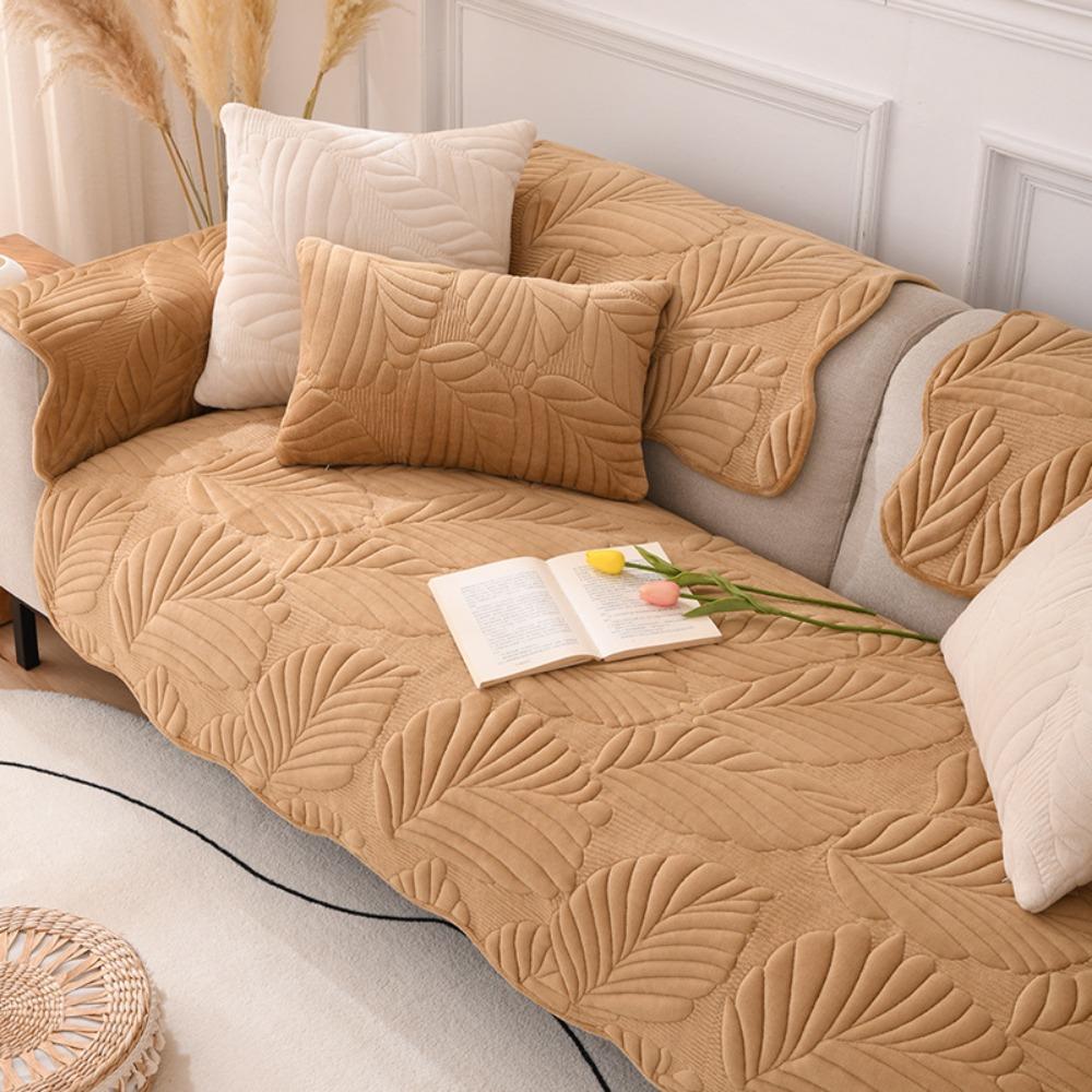 Practical Milk Velvet Leaf Pattern Sofa Cover Nordic Style Non-slip Couch Cover Washable Warm Sofa Mat Winter