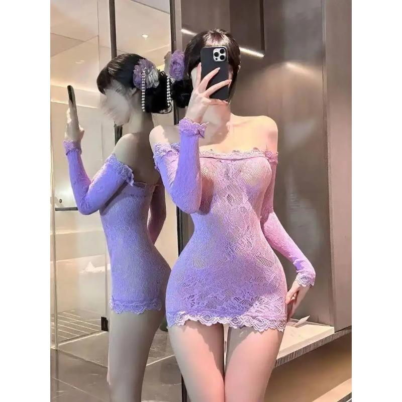 Purple Sexy One-Shoulder Lace Nightclub Pure Desire Hot Girl Tube Top Mesh Dress Elegant Sleepwear Mesh Lace Sheer Sexy XHI5