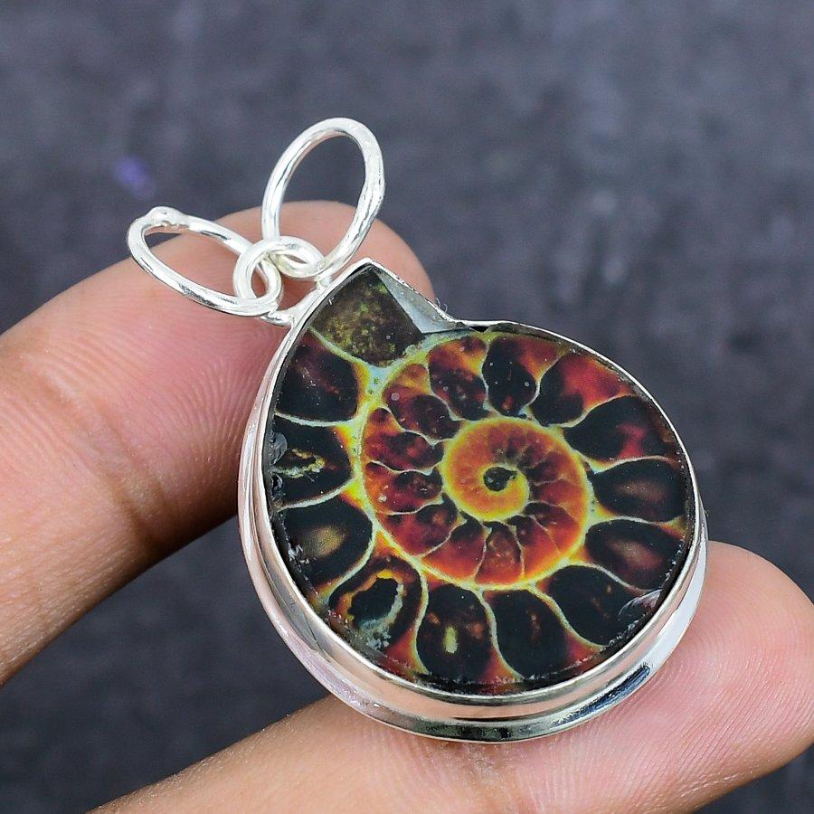 Natural Ammonite Fossil Gemstone 925 Sterling Silver Jewelry Pendant 1.81" ETC-13948