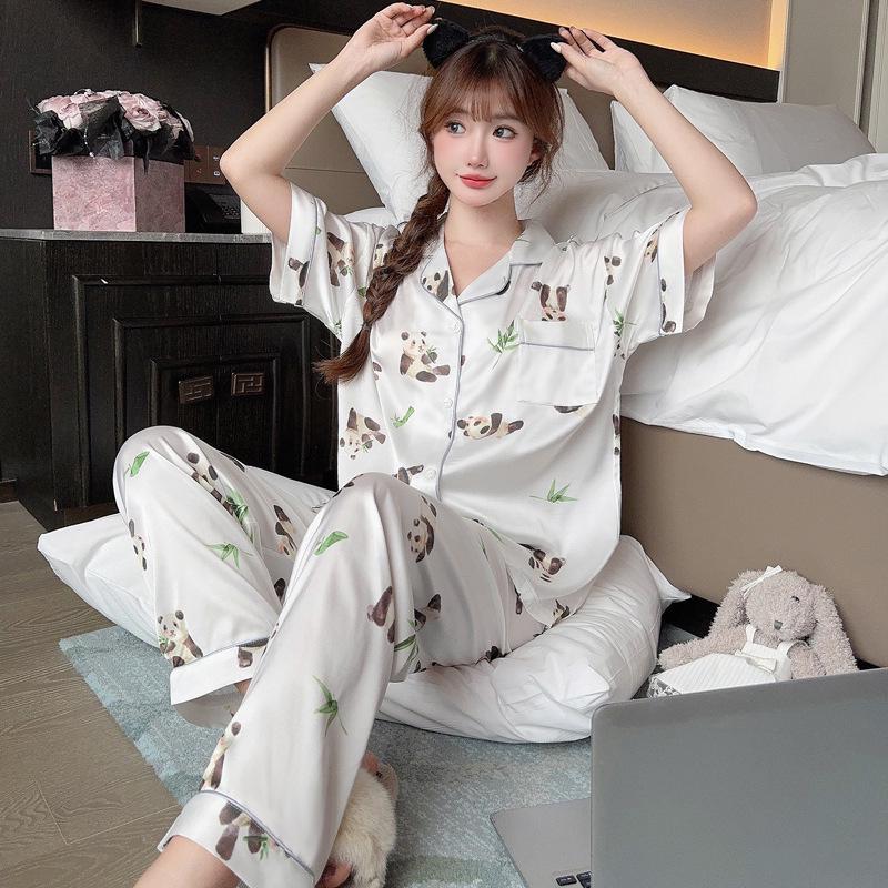 Summer Ice Silk Pajama Set: Cartoon Little Panda Short Sleeve & Shorts for Women