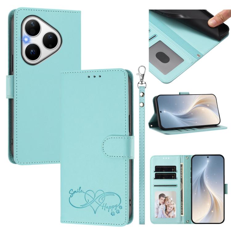 Happy Heart Pattern Magnetic Closure Vegan Leather Phone Case with Wrist Strap For Huawei Mate 60