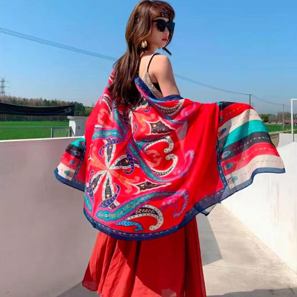 180Cm Leopard Print Flower Ethnic Style Scarf For Women'S Summer Sun Protection Silk Scarf, Paired With A Shawl Cape Beach Scarf