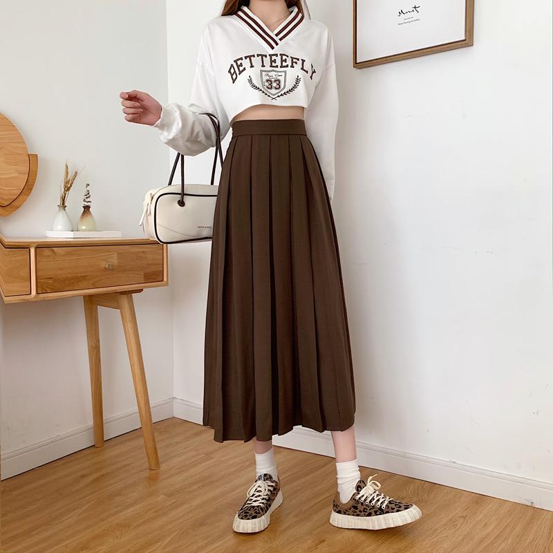 Длинная плиссированная юбка, летняя корейская мода, однотонная юбка-миди с высокой талией, элегантная трапециевидная модная уличная одежда, плиссированные юбки