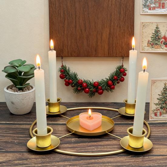 Advent Wreath Candle Holder Christmas Candle Ring Stand for 4/5 Taper Candles Gold Metal Advent Wreath Ring for Christmas Holiday Home Party Church