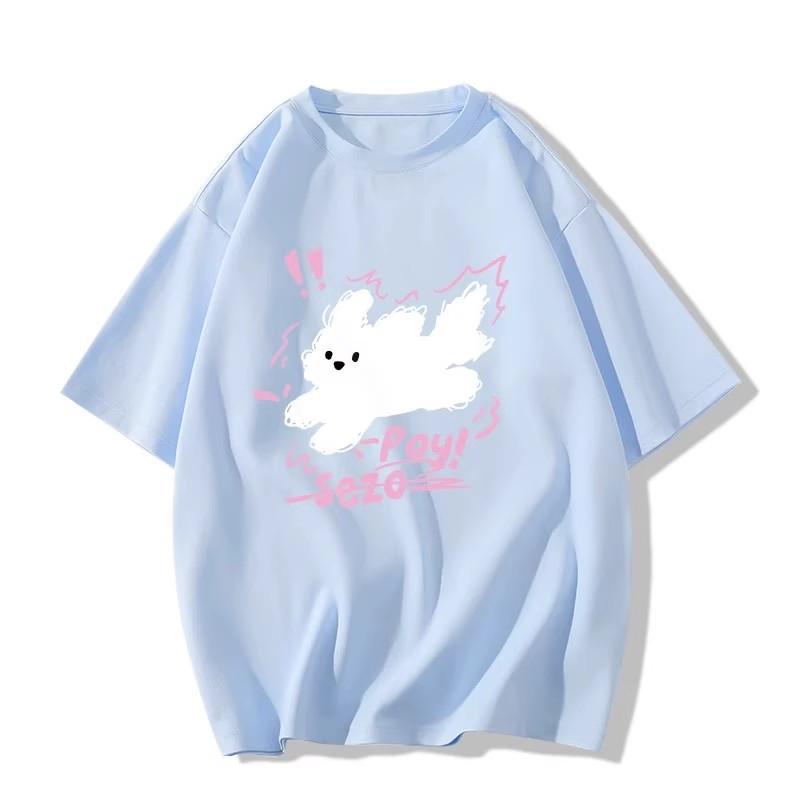 Футболки из чистого хлопка, женские, летние, с милым мультяшным принтом, в стиле хип-хоп, повседневные, в стиле Харадзюку, большие, с коротким рукавом, синие, для девочек 2010 года