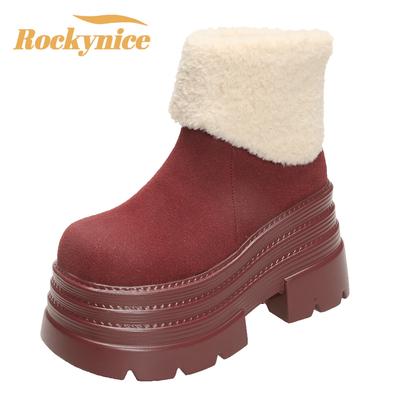 Женские меховые зимние ботинки из замши на высоком каблуке, хлопковая обувь, короткий плюш, повседневные ботильоны на платформе, трендовые, зимние, теплые, женские боты