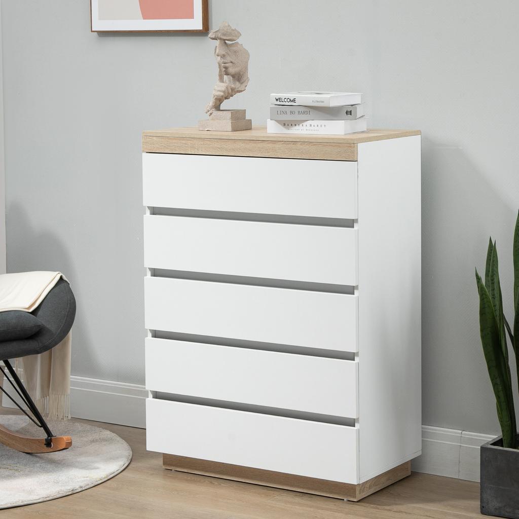 Chest of 5 Drawers Minimal in Wood, 80x40x109 cm, White and Oak Color