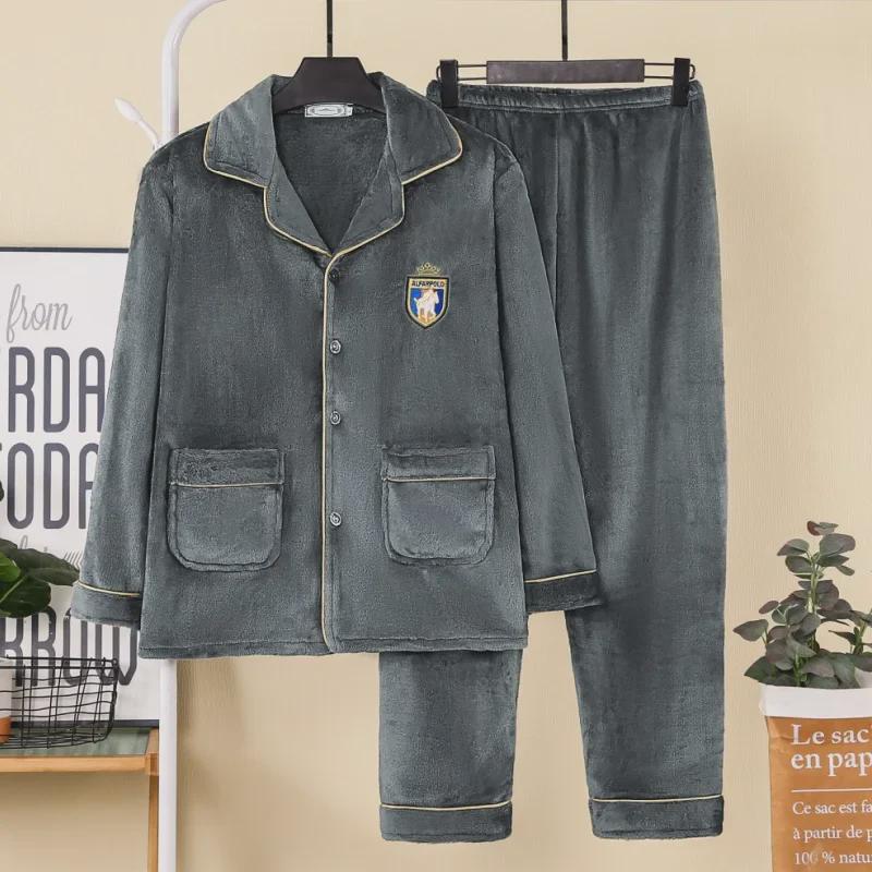 Мужской фланелевый пижамный комплект: Кардиган с длинными рукавами и лацканами, брюки, большие размеры, осень/зима.