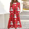 Women's Casual Round Neck Christmas Print Midi Dress Long Sleeve Pocket Dress