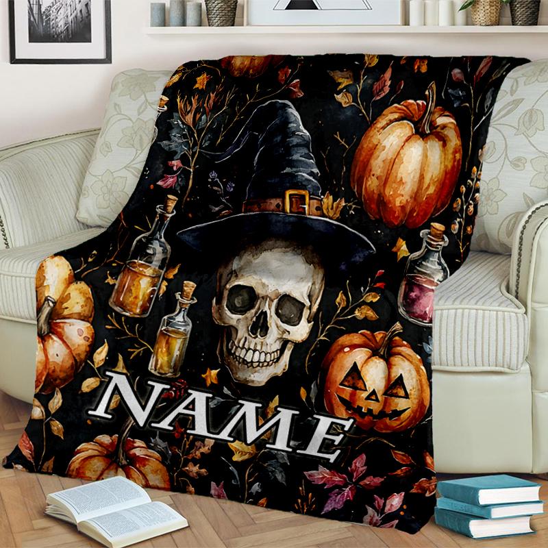1PC Custom Name Halloween Witch Skull Art outdooor Flannel blankets Throw Blanket All-Season Throw Gift Bedspread for Couch, Bed, Camping Holiday Birt