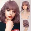 Short Wavy Wigs for Women Synthetic Pink Hair Purple Wigs with Bangs Heat Resistant Cosplay Wig