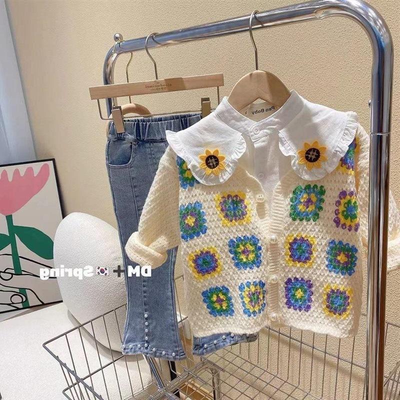 Девочки Цветочный свитер Кардиган Весна и Осень Детская мода Трикотаж