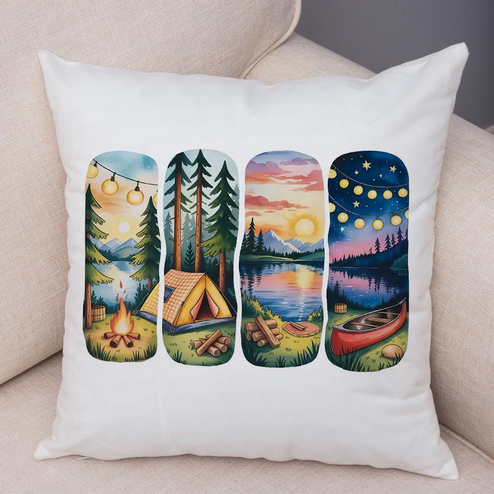 Woodland Campsite Cushion Cover Double Print Bonfire Scene Pillowcase Soft Plush Lake Sunset Cushion Cover for Sofa Home Car