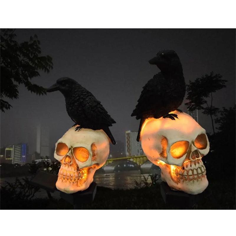 800MAH Solar Resin Halloween Crow Skull Light Outdoor Waterproof LED Light Balcony Holiday Lawn Lamp Garden Decor Decorative Light