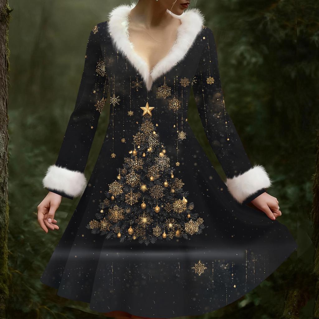 Женское повседневное платье с V-образным вырезом, рождественским принтом, плюшевыми длинными рукавами