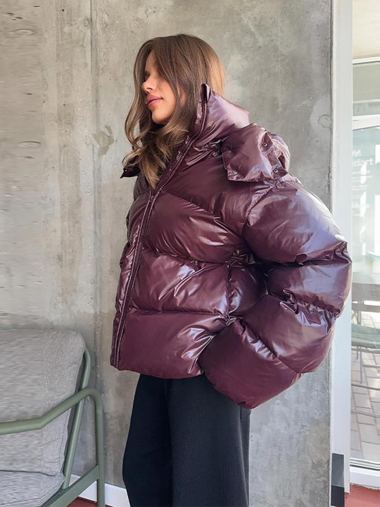 Женский пуховик из лакированной ткани со съемной шляпой, женская теплая, простая и модная зимняя куртка 2025