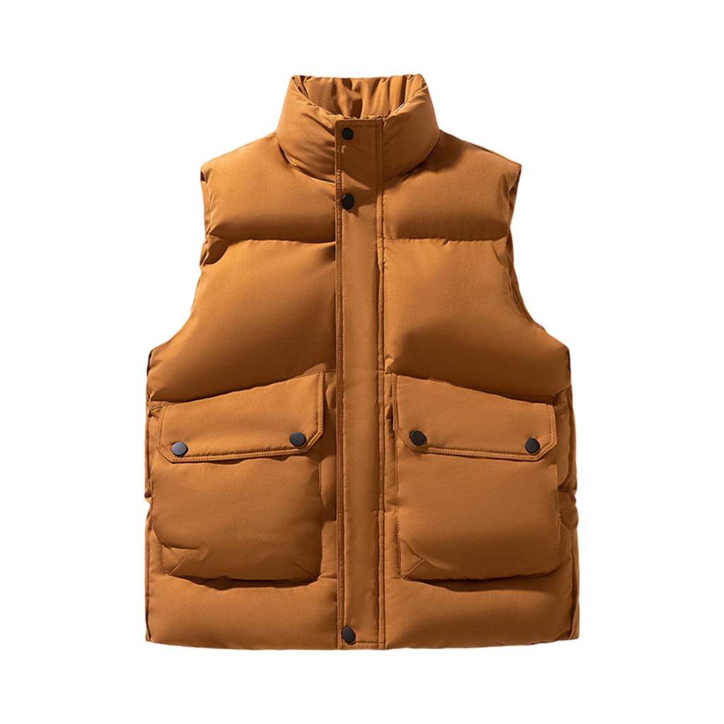 Men's Solid-color Casual Vest, Men's And Women's Style Zipper Stand-up Collar With Cotton Warm Sleeveless Vest