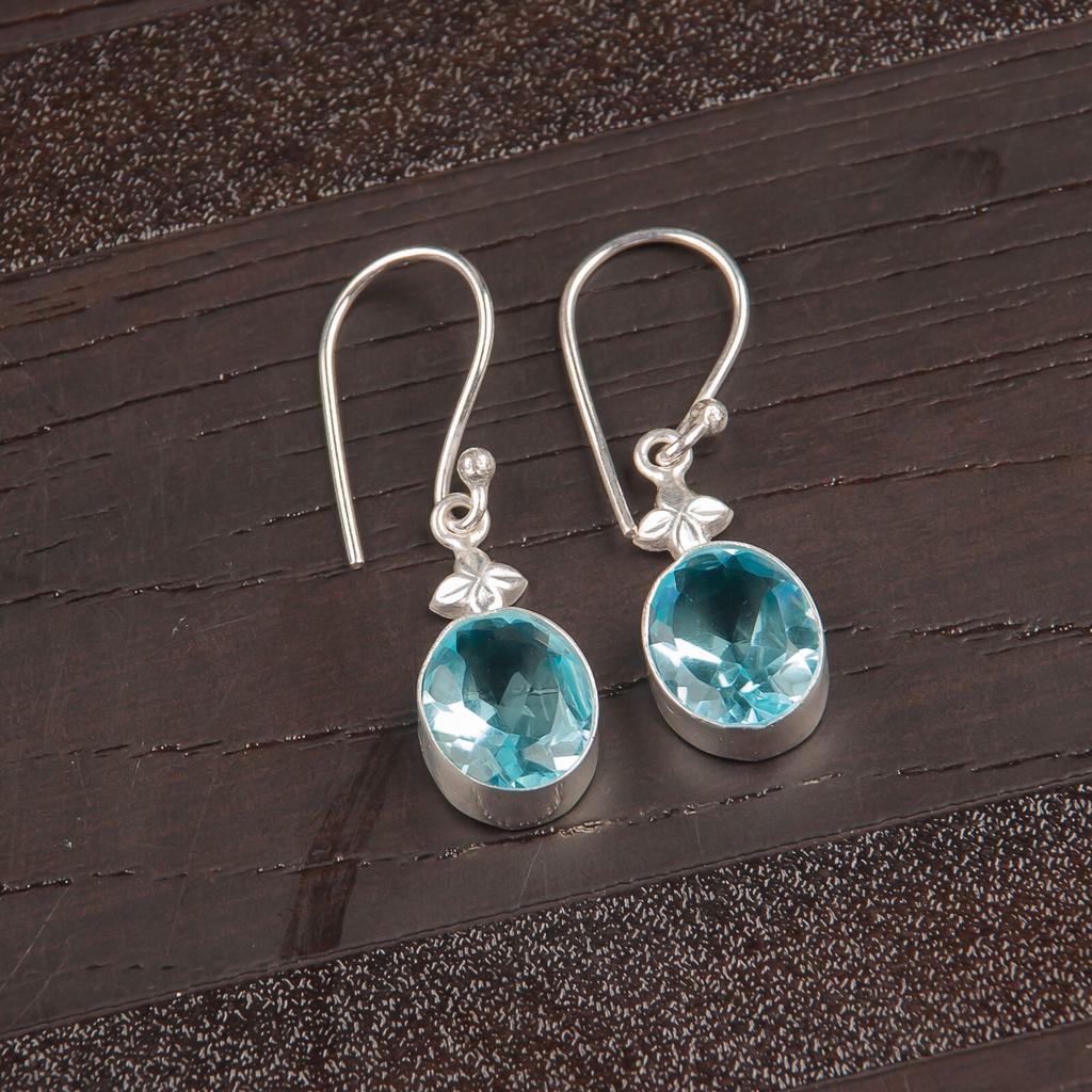 Натуральный Голубой Топаз Драгоценный Камень 925 Стерлинговое Серебро Изделия Ручной Работы Серьги EE-6-8