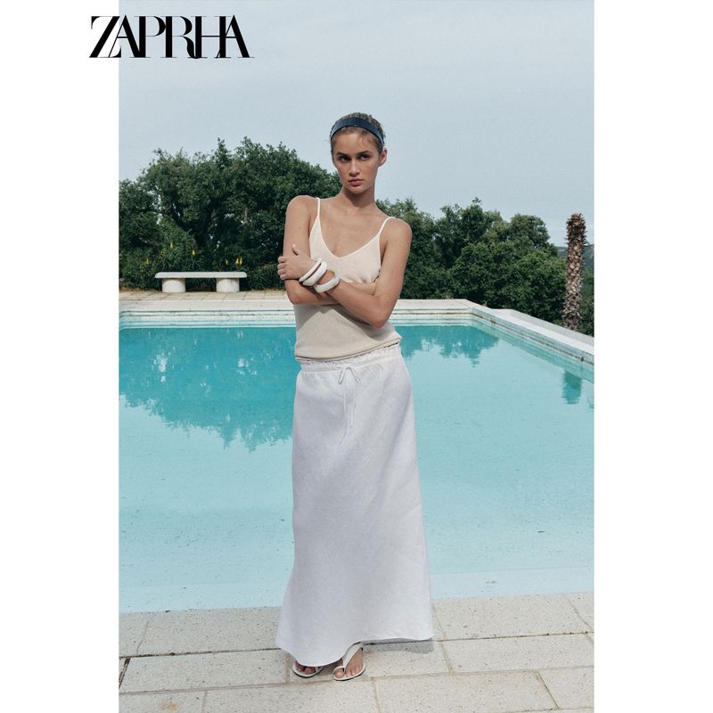 Zaprha 2025 Summer New Multi-Color All-Match Linen Mid-Waist Midi A- line Skirt 4786111