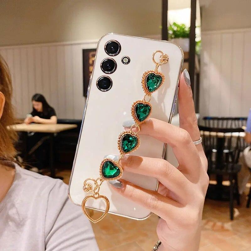 Чехол с браслетом Diamond Love для Samsung S24Ultra S23 S22 A34, мягкий противоударный чехол с цепочкой на запястье для Galaxy A14 A15 A54 A05s A03 A04s A04e M54 M14, чехол