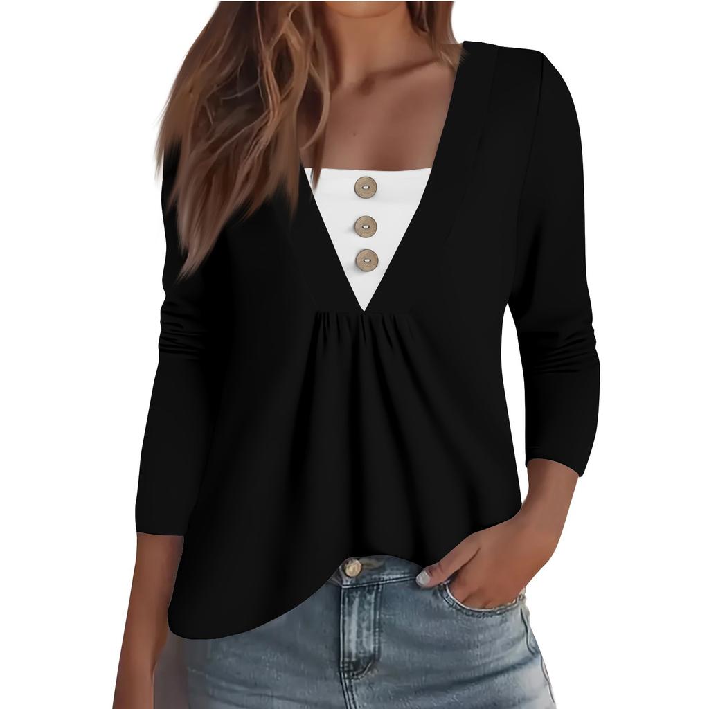 Women's Fashion Casual Long Sleeve Shirt Solid Color Button V Neck Up Tops