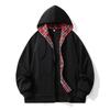 Plus Size Cardigan Hooded Sweatshirt Men's Loose Checkered Top Zipper Jacket