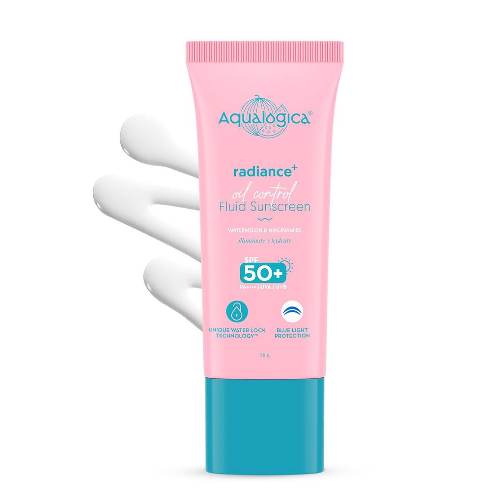 Aqualogica Солнцезащитный флюид Radiance+ для жирной кожи - 50 г | Ультралегкая текстура флюида | SPF 50+ PA++++ Защита от UVA, B и синего света