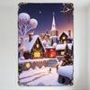 Причудливая ночная сцена заснеженной деревни Металлическая жестяная табличка Праздничный рождественский декор с освещенной елкой, домом и снежной тропинкой - Настенное искусство для дома
