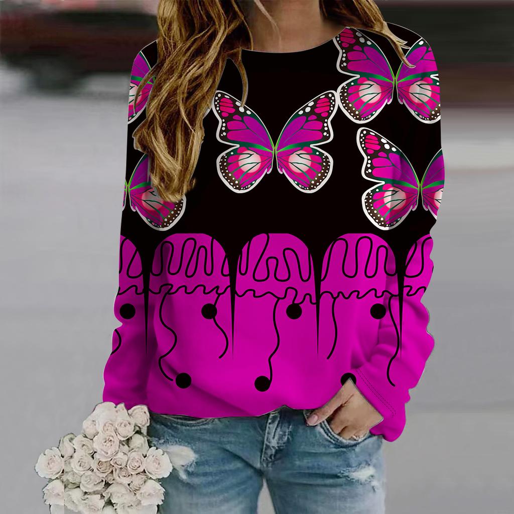 Осенняя женская мода с круглым вырезом и длинным рукавом, свободная одежда, синяя футболка с принтом в виде пятнистой бабочки для девочек, уличная